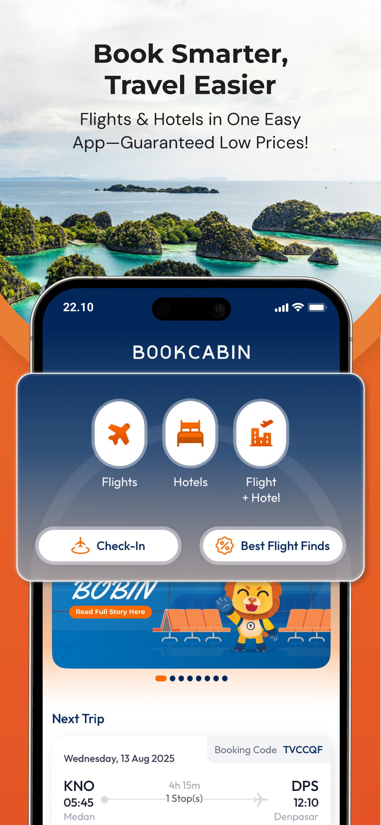 Official BOOKCABIN App Store marketing artwork showing the travel app